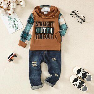 NEW! Toddler Boy Clothes Baby Boy Outfit Letter Prints Hoodies Top Ripped Jeans